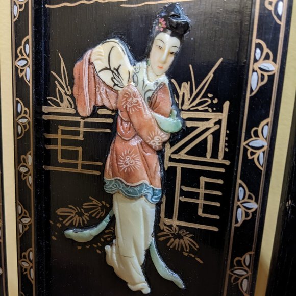 Vintage Asian Geisha Folding Tabletop Screen Divider - black lacquer wood screen - Picture 7 of 15